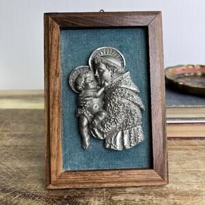 Vintage Framed Pewter Saint Anthony & Baby Jesus Velvet & Wood Made in Italy